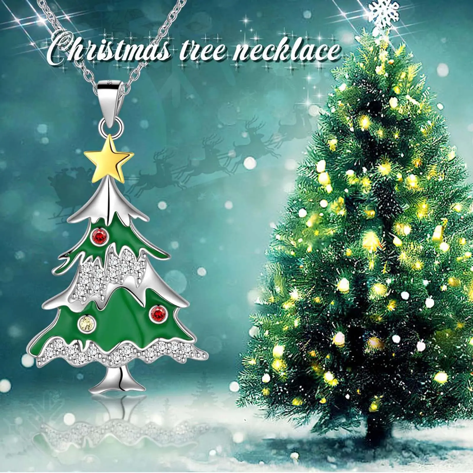 Colorful Christmas Tree Zircon Pendant Necklace for Women Holiday Gift