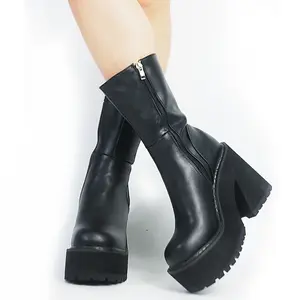 Women's Chunky Heel Platform Boots Round Toe Side Zipper Gothic Booties in Black PU Leather for Edgy Elegance