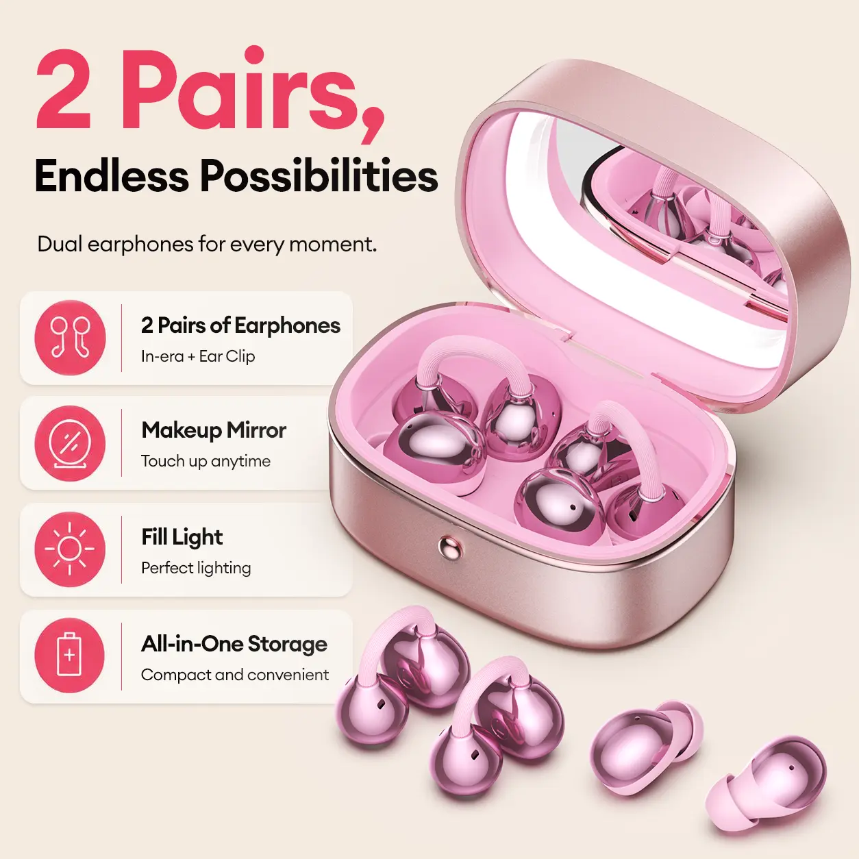 M195 2-in-1 Wireless Earbuds, One Case with In-Ear & Clip-On Earbuds, Beauty Mirror with Built-in Fill Light, Jewelry Box Design, Bluetooth 6.0, Hi-Fi Stereo Sound, IP67 Waterproof, Stylish Gift for Women & Girls, Compatible with Android & iOS