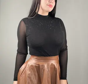 Candy's Long Sleeve Top - Rhinestone Design - Mesh Like Material See Through Sleeves - Slim-Fitting - Stylish & Modern - Autumn Wear - Elegant & Stretchy