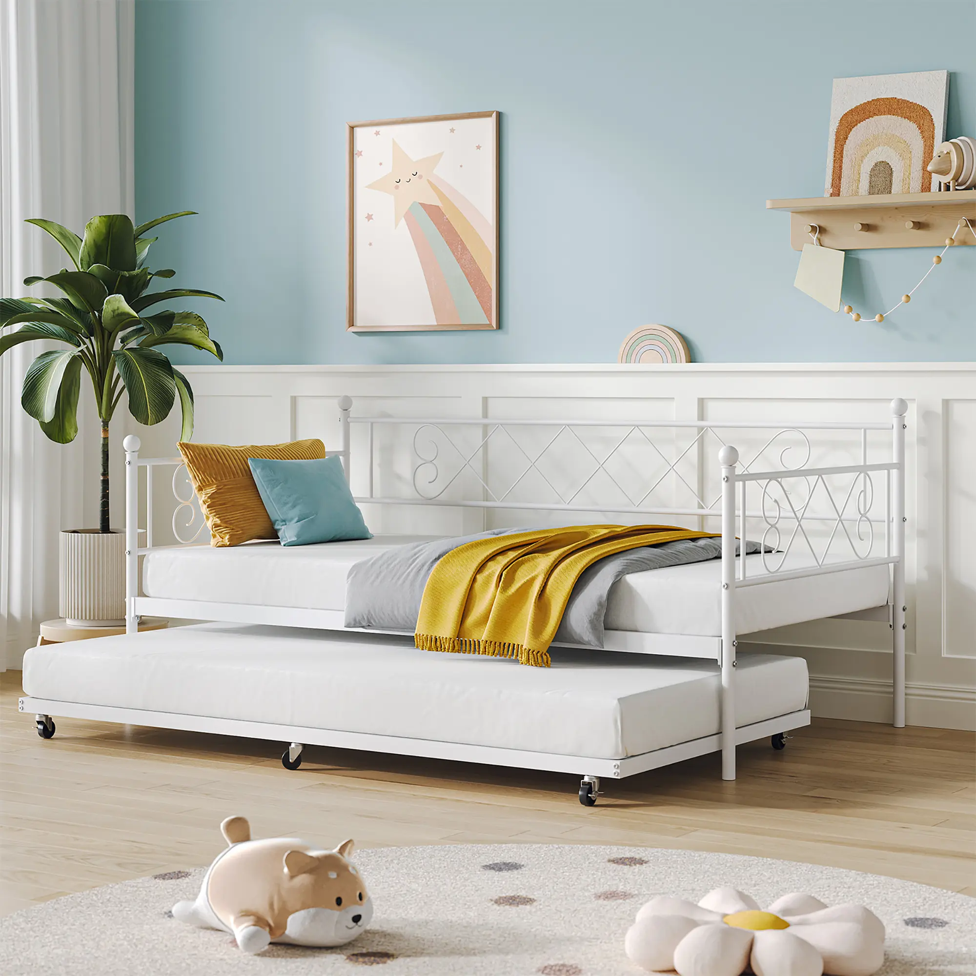 Daybed with Trundle, Metal Twin DayBed Frame with Headboard, Metal Slats, Multifunctional Mattress Foundation Platform Sofa Bed for Bedroom, Living Room, Guest Room