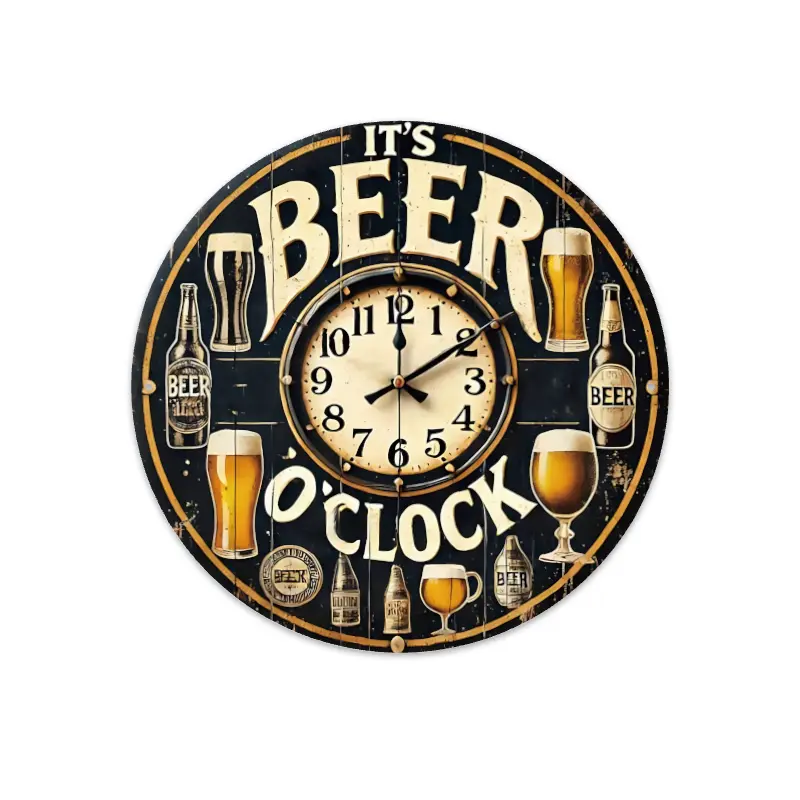 "BEER O'CLOCK" Vintage Metal Sign | 8x8 Inch (20x20 cm)  Rustic Metal Wall Art with Beer-Themed Clock Design | Perfect for Home Bar, Garage & Man Cave | Pre-Drilled Holes for Easy Indoor/Outdoor Hanging | Great Gift for Beer Lovers