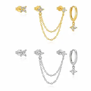 3-Piece Single Ear Earring Set, Gold & Silver Chain Hoop Stud Earrings, Crystal Flower Studs with Dangle Hoop, Cute Ear Stack Jewelry for Women fashionable jewelry accessory