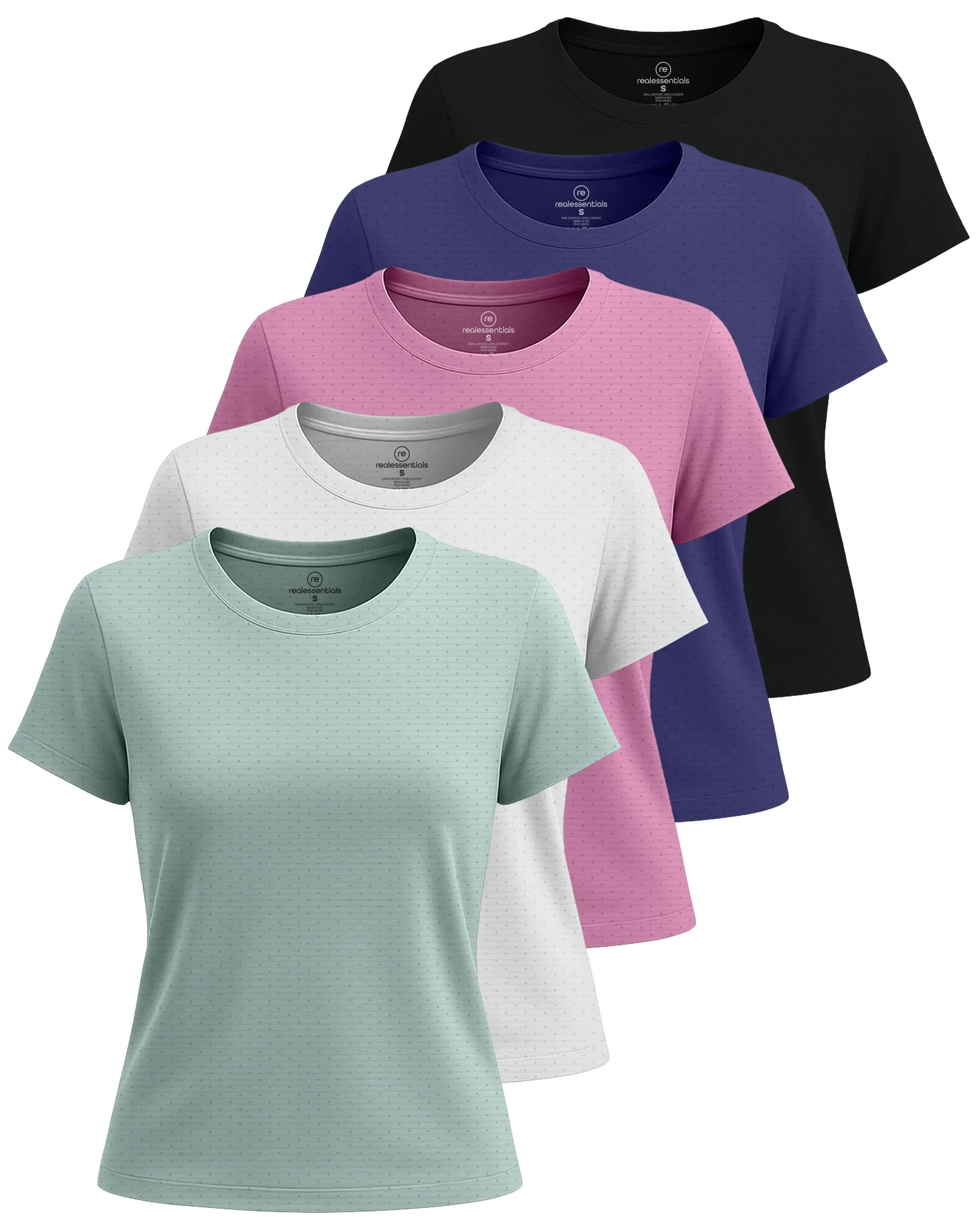 Real Essentials 5 Pack: Women's Breeze Tech Short Sleeve T-Shirts Athletic Tops Gym Workout Yoga Tennis Activewear (Plus)
