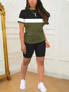 Summer Women's Colorblock Patchwork Two-Piece Set, Stretchy Suit Set, Slim Fit Short Sleeve Top & Elastic Five-Quarter Pants, Casual Sportswear