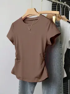 Women's Solid Color Round Neck Fitted T-Shirt, Fashionable Casual Wear, Comfortable Fit, Perfect for Daily Use, Stylish Women's Clothing