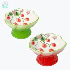 Ceramic Slow Feeder Cat Bowl, Elevated Pet Food Bowl for Cats & Small Dogs, Non-Slip Base, Strawberry Country-Style Design for Dry and Wet Food
