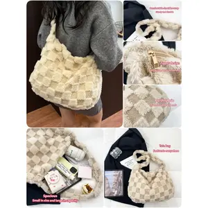 Autumn Winter Plush Tote Bag, Chessboard Pattern Crossbody Bag, Checkered Pattern Bag, Soft Fabric, Perfect for Autumn & Winter Seasons