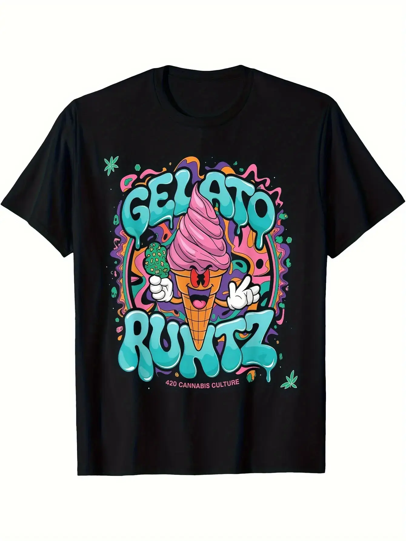Men'S Gelato Runtz Stoner Cannabis Strain Graphic Tee - Black Casual Short Sleeve Shirt Featuring a Bright Ice Cream Cone And Leaf Print, Regular Fit, Washable in Machine, Leisure Wear with a Striking Colorful Design Using Digital Heat Transfer
