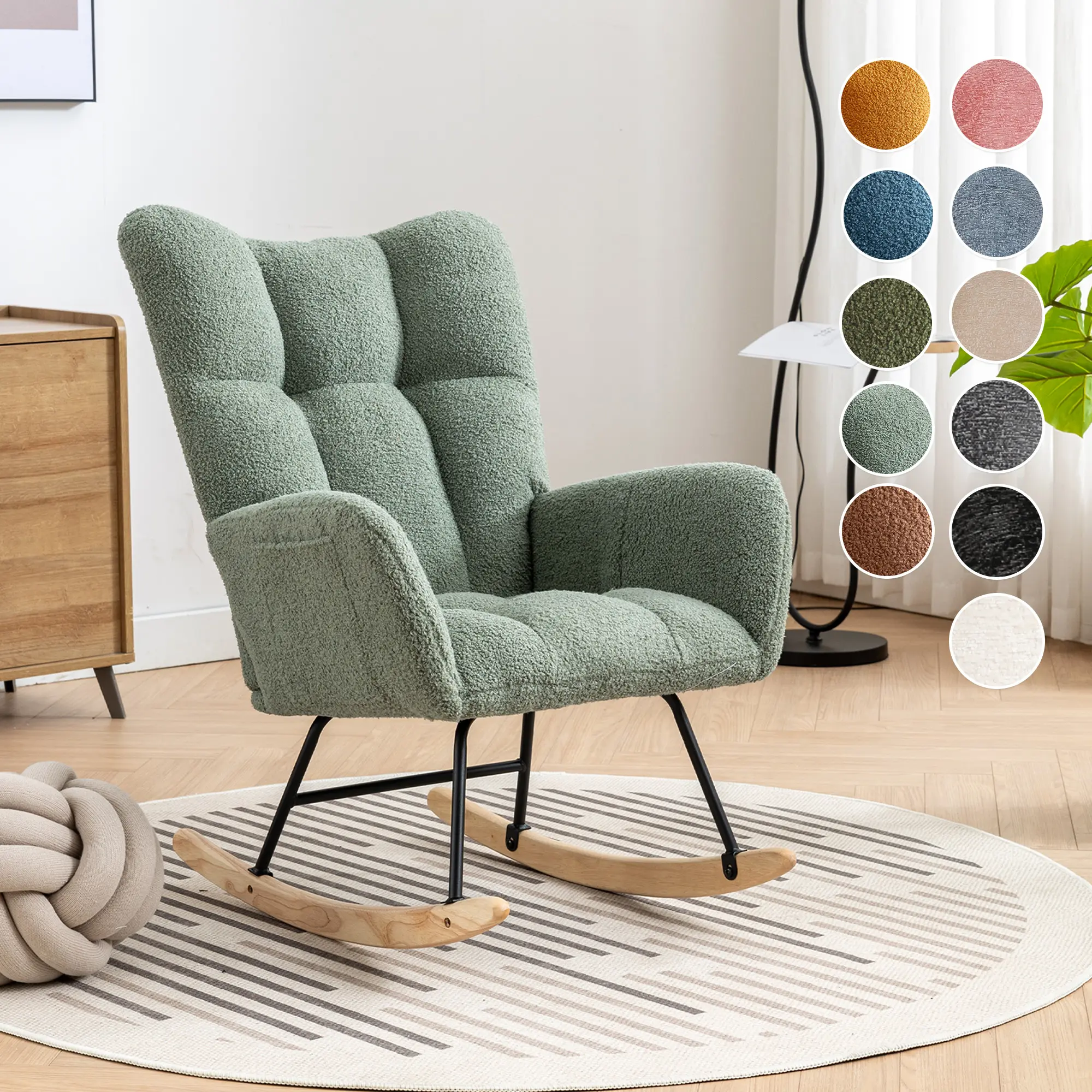 Nursery Rocking Chair Teddy Upholstered Glider Rocker Rocking Accent Chair Padded Seat with High Backrest Armchair Comfy Side Chair for Living Room Bedroom Offices