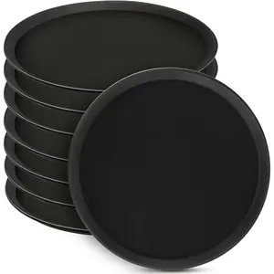 8 count 16'' Large Restaurant Serving Trays with Rubber Lined Plastic Non Slip Tray Non Skid Round Serving Platter Server Tray for Bar Drink, Cafeteria , Coffee, Table, Hotel, Party, Black