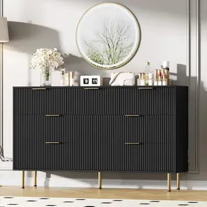 Black Fluted Wood 6 Drawers Dresser for Bedroom - Large Modern Chest of Drawers - Black Dresser with Gold Handle - Wood Drawer Organizer for Bedroom/Living Room/Hallway/Entryway