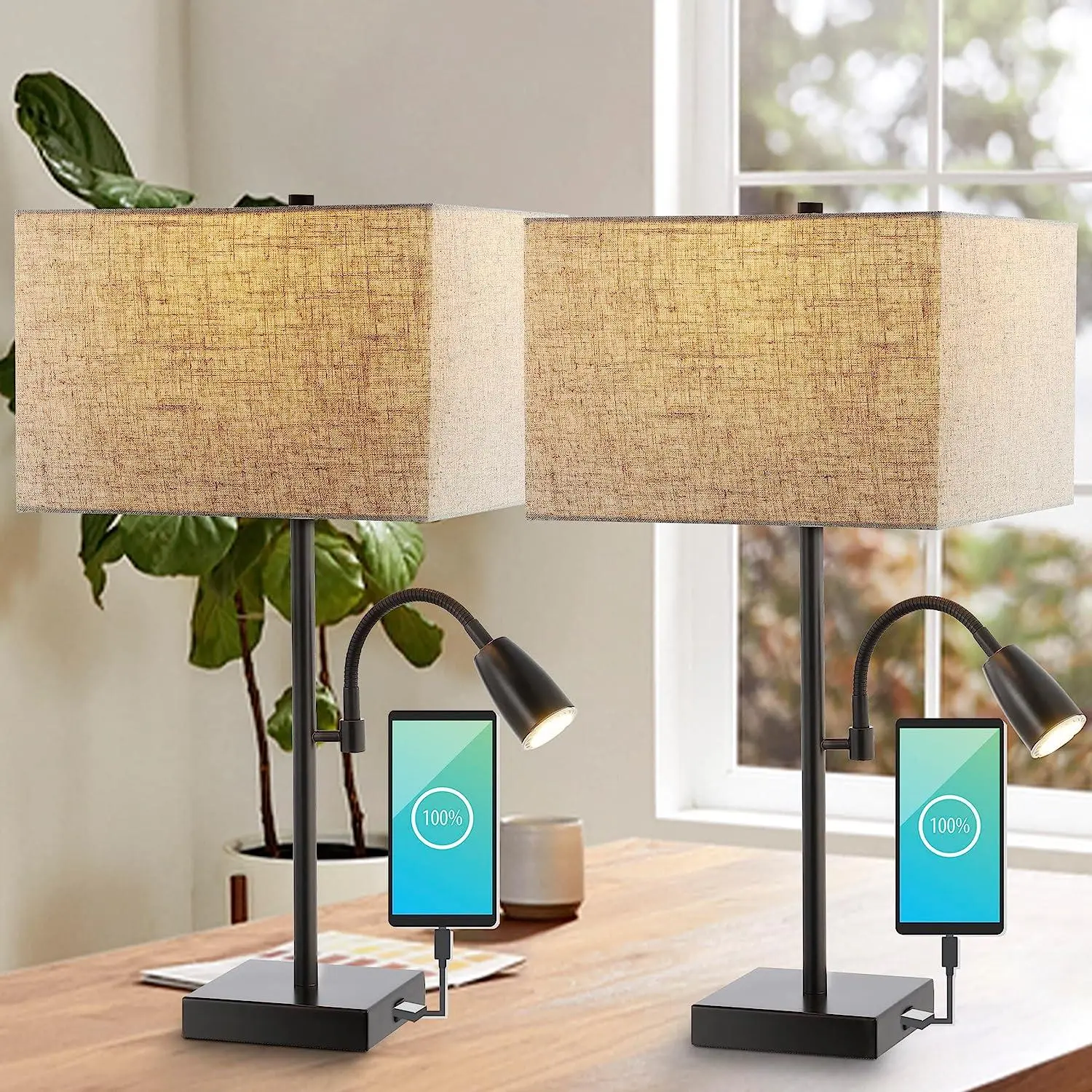 JONATHAN Y Austin Farmhouse Industrial Iron LED Table Lamp - Adjustable LED Lamp with USB Port, Square Shade, Bases & Shades, Set of 2, for Bedroom, Living Room