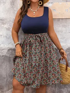 Plus Size Floral Patchwork Dress, Summer Women's Casual Vacation Dress, Boho Beach Dress, Country Style Party Dress, Summer Fashion