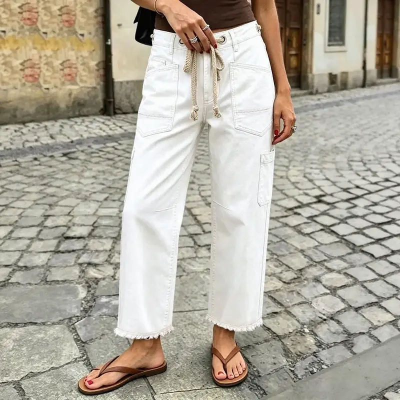 Flamingals Solid Patch Pocket Raw Hem Drawstring Mid Rise Straight Leg Crop Pants Womenswear Stretchy 25" Inseam