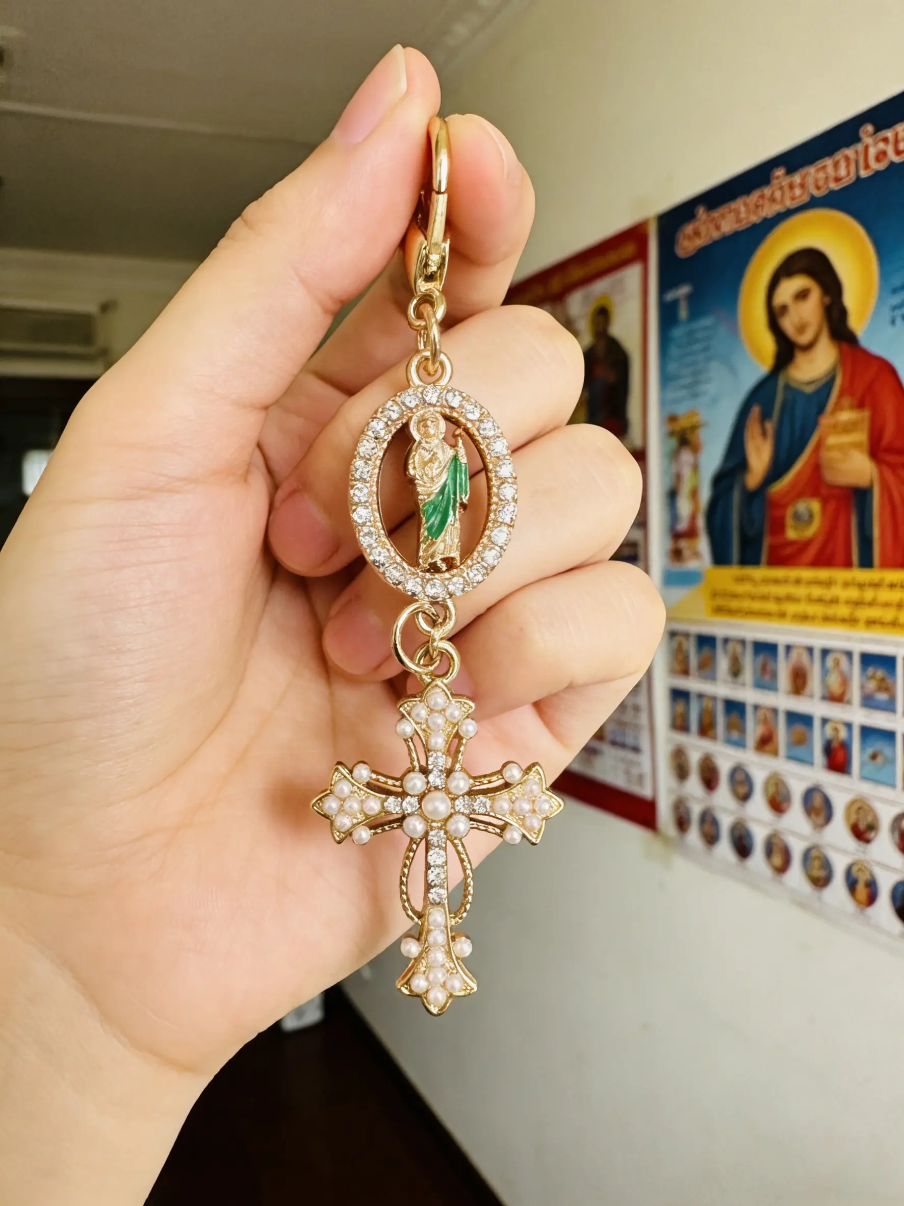 Luxury Religious Saint Jude Cross Pendant, Pearl Alloy Charm with Rhinestones, Decorative Meaningful Keychain Accessories Jewelry Accessory Gift