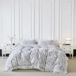 Blue Floral Duvet Cover   Cotton White Ruffle Duvet Cover 3 count Set 1  Blossom Flower Duvet Cover with Zipper Ties 2 Pillow Shams Soft Garden Botanical Bedding Set Soft