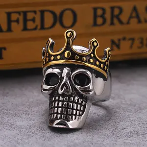 Men's Stainless Steel King Skull Crown Rider Ring - European & American Retro Gothic Skeleton Metal Skull Rings, Gothic Skull Rings