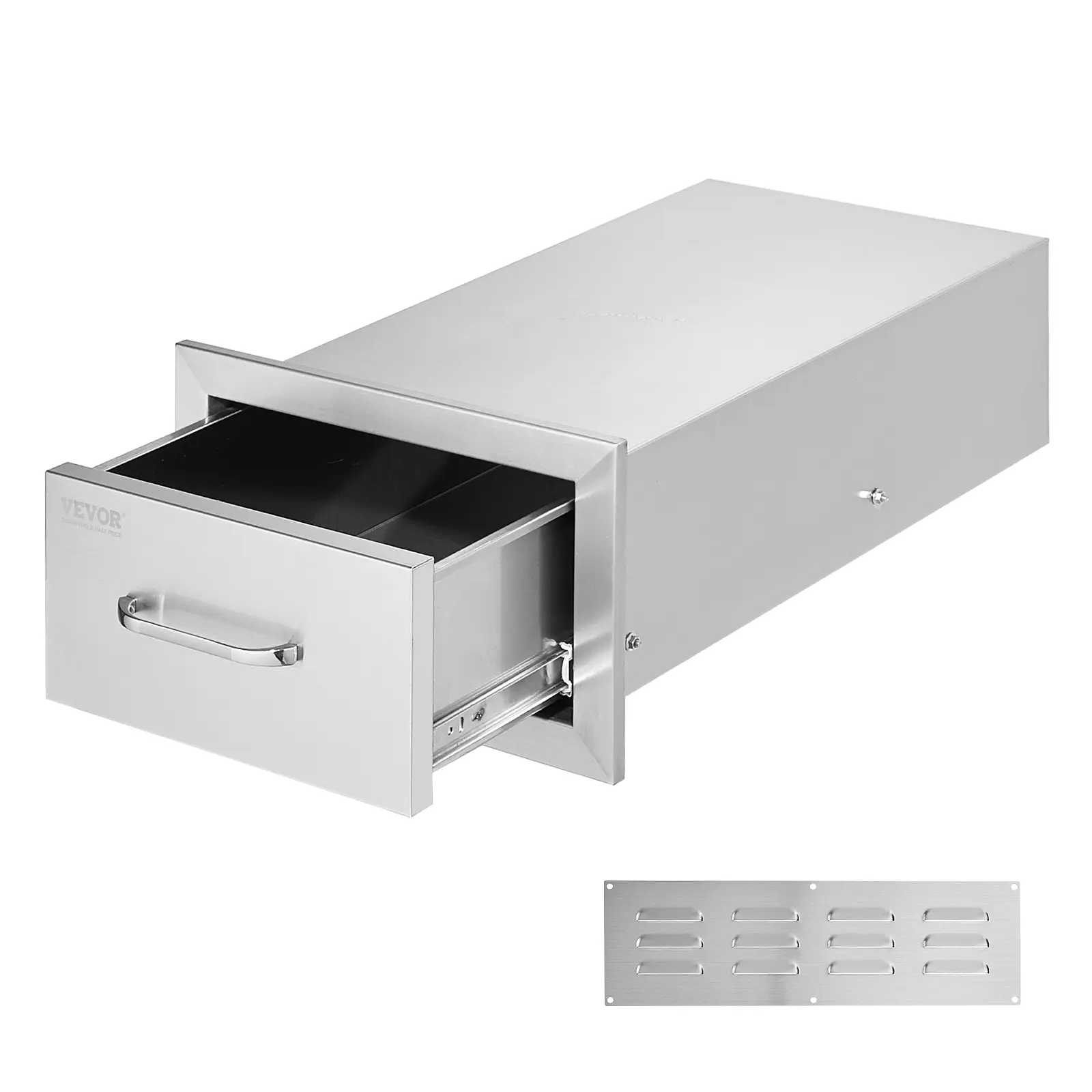 VEVOR Stainless Steel Flush Mount Double Drawers Slide-Out/Pull-Out Kitchen Cabinets, 14W x 8.5H x 23D Inches, Stainless Steel Handle, Functional Design for Outdoor Kitchens/BBQ Islands (Father's Day Gift), Slide-Out Kitchen Cabinets