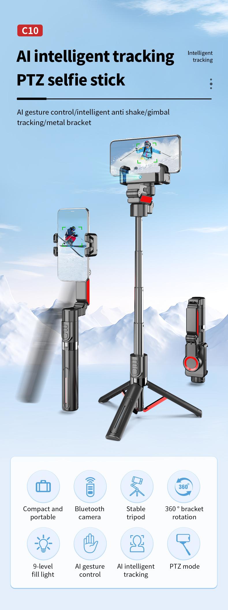 AI Auto Tracking Gimbal Stabilizer, Smart Selfie Stick Tripod with Gesture Control, Anti-Shake Phone Mount, 1000mAh Battery, Aluminum Alloy Vlogging Stand for iPhone & Android