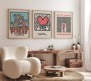 Set of 3 Keith Haring Prints, Off White Peach Wall Art Prints, Gallery Art Posters, Famous Artists Wall Art, Modern Exhibition Vintage Art