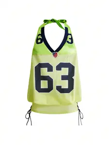 AESS Halter Tank Top Spring Summer Festival Outfits Street Style Digital Print Drawstring Contrast Color Design