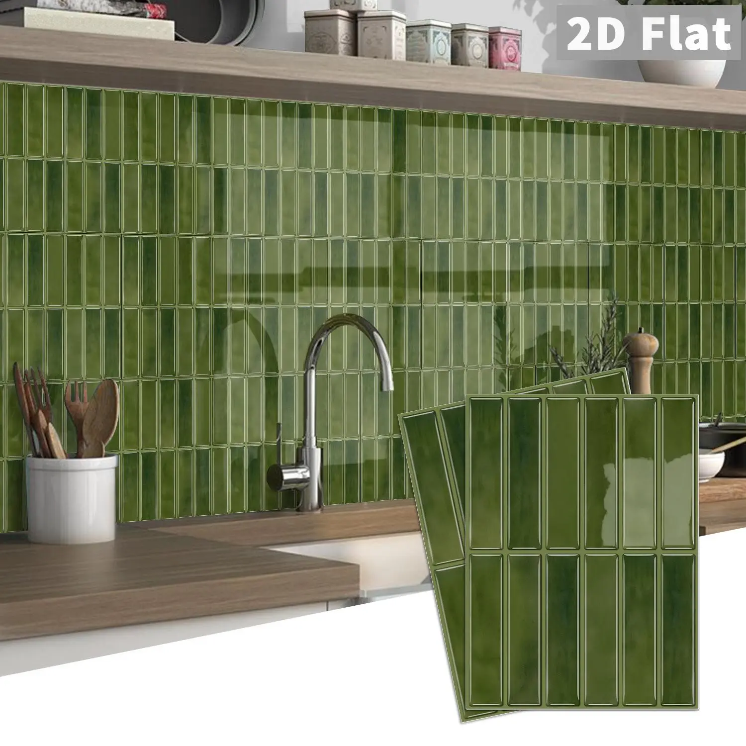 10 PCS GST PE Crystal Foam Tile Stickers (Retro Dark Green Thin Vertical Brick), Color Box Pack, Waterproof Oil-Proof Anti-Collision Self-Adhesive Wall Tiles for Kitchen Bathroom Ceiling Home Decor
