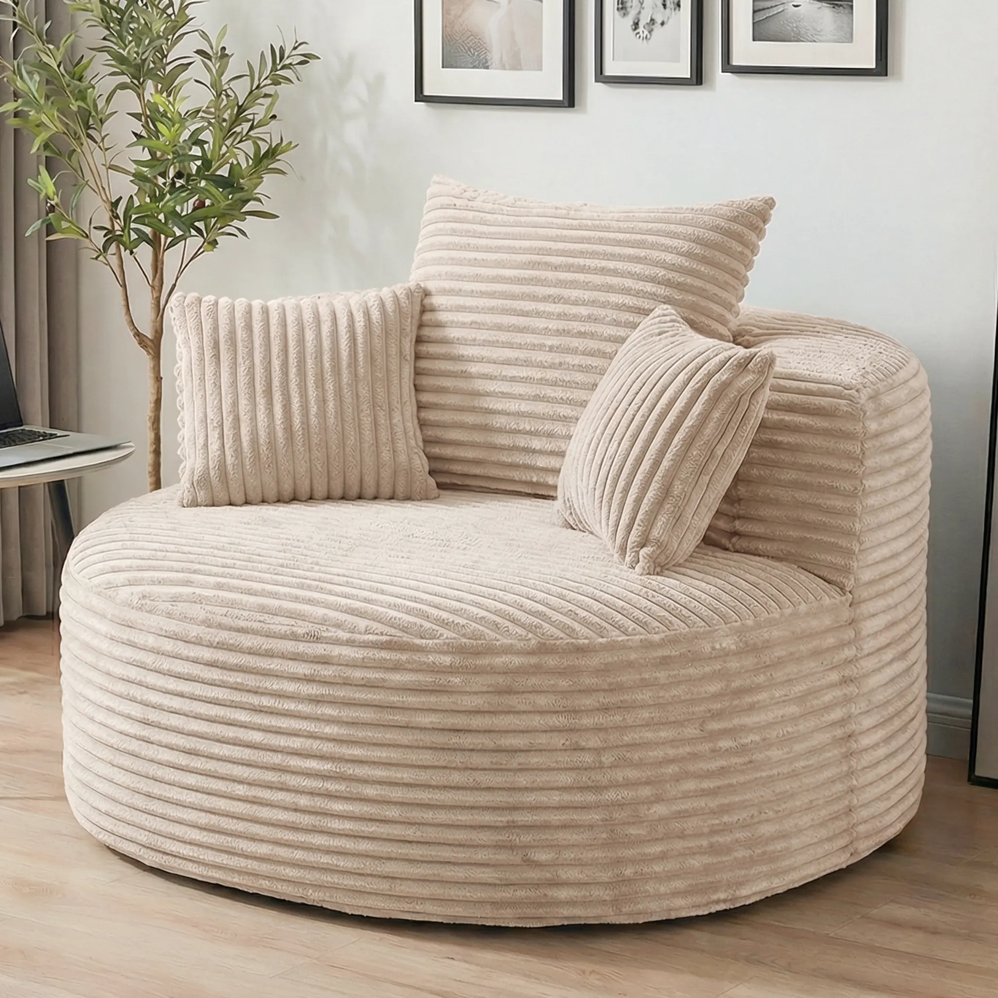 Classic Ribbed Corduroy Single-Seat Sofa - High-Quality All-Compressed Full Foam, Fixed Arms, 3 Lumbar Pillows, Skin-Friendly Durable Design, Compact Fit, Rounded Silhouette, 1-3cm Error, 1-Person Indoor Furniture for Living Rooms, Bedrooms