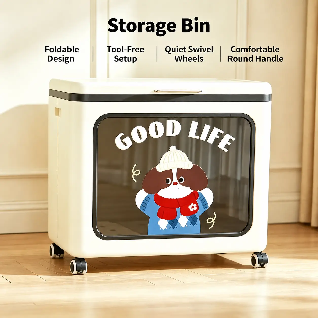 Cartoon Puppy Foldable Storage Bin with Universal Wheels, Dustproof Insectproof Clear Front Organizer Box, Large Capacity Collapsible Clothes Toy Storage Container, Raised Top Guardrail Design, Tool-Free Assembly for Bedroom Nursery Home Organization