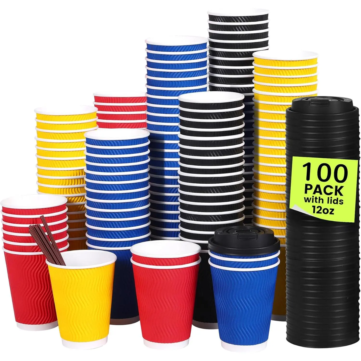 12 oz Disposable Paper Coffee Cup Set - 100-Pack 4-Color Assortment (Red, Blue, Black, Yellow) with Lids, Stirring Straws, Insulated Corrugated Wall for Hot & Cold Drinks