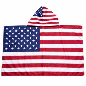 Handheld USA Flag Hooded Shawl Wrap, 5x3 Ft Lightweight Red-White-Blue Wearable Cape, Unisex Fashion Accessory for Parades, Celebrations, Hand
