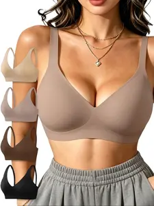 4 Pcs Women's Jelly Wireless Bras, Deep V Comfort Bralettes, Breathable T-shirt Everyday Bras lingerie tiktokshopspringglowup jelly wireless bra push internal
