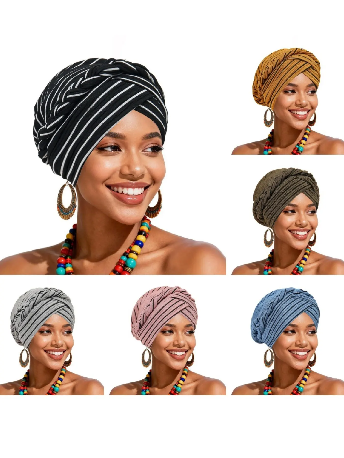 Elegant Striped Braided Headscarf Hat, Turban Hijab, Stretchy Comfortable Wrap Cap for Daily, Versatile Fashion Accessory