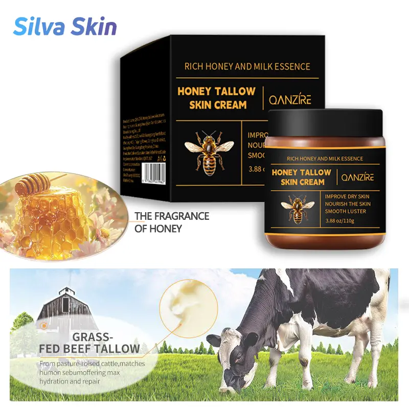 【QANZIRE】Organic Grass-Fed Beef Tallow Balm with Raw Honey & Antioxidants - Honey-Based, Moisturizing, Non-Toxic, Longlasting Body Moisturizer for Dry Skin (3.88 oz) - Beef Tallow for Skin Care, Honey-Based Body Balm,travel essentials,sunscreen