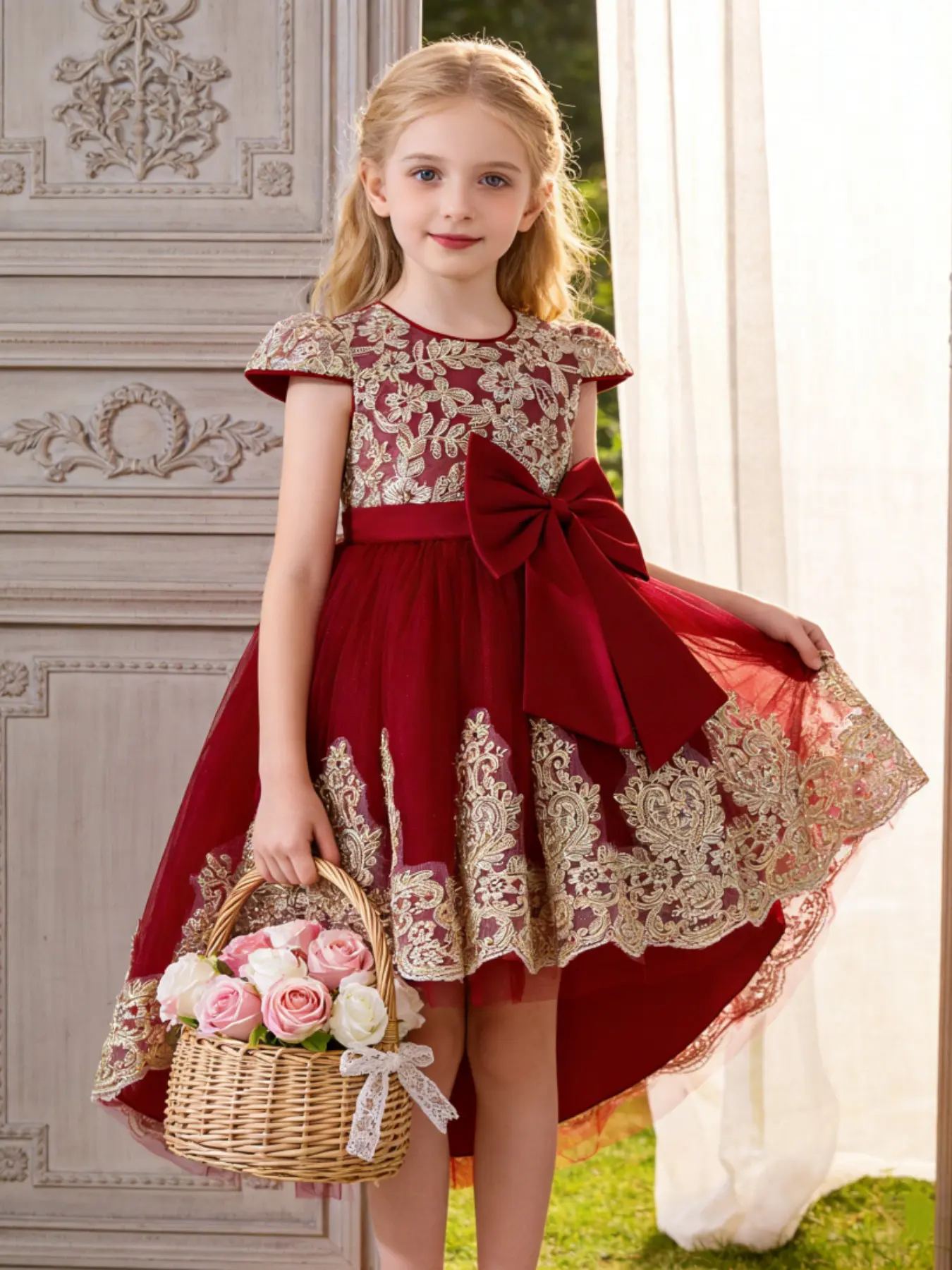 Champagne color dress with floral embroidery train design elegant and beautiful dress suitable for girls birthday party anniversary and prom