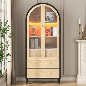3 Inch Tall Arched Cabinet Arched Storage Cabinet With Doors Black-Oak Arched Pantry  LED Lighted Display Cabinet Boho Arch Bookshelf for Kitchen Dining Room Living Room