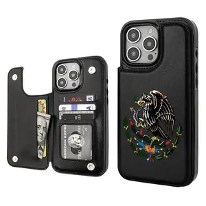 Mexican Golden Eagle Badge Flag Design Case For iPhone 17/16/15/14/13 Pro Max Plus High-quailty PU Black Durable Leather Credit Card Bag Holder Wallet Shockproof Anti-Drop Full Protection Phone Cases Shell 305