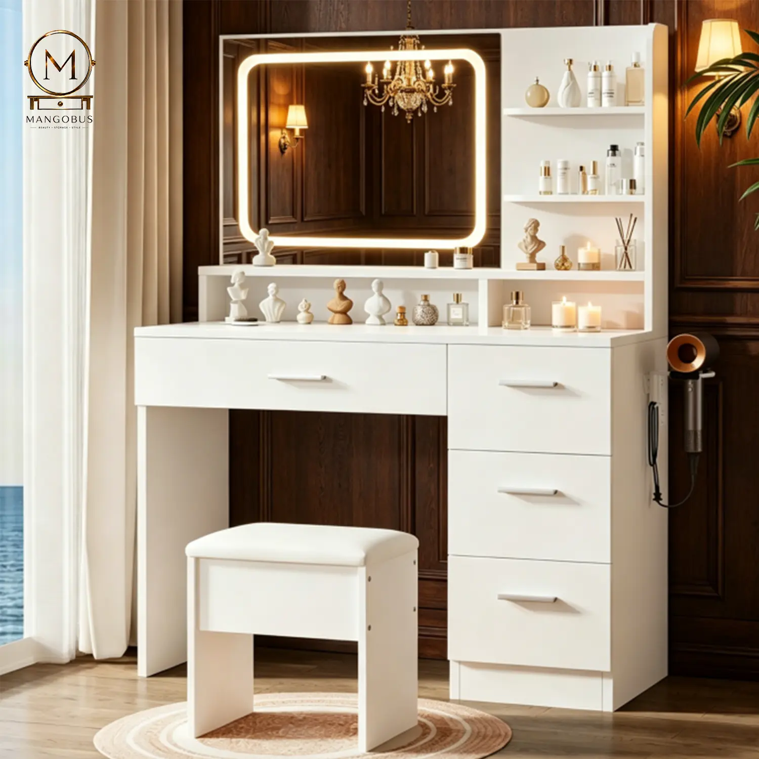 Elegant vanity includes lighted mirror and storage drawers; white makeup table for women; suitable for various settings including bedrooms, living rooms, and dorms. light