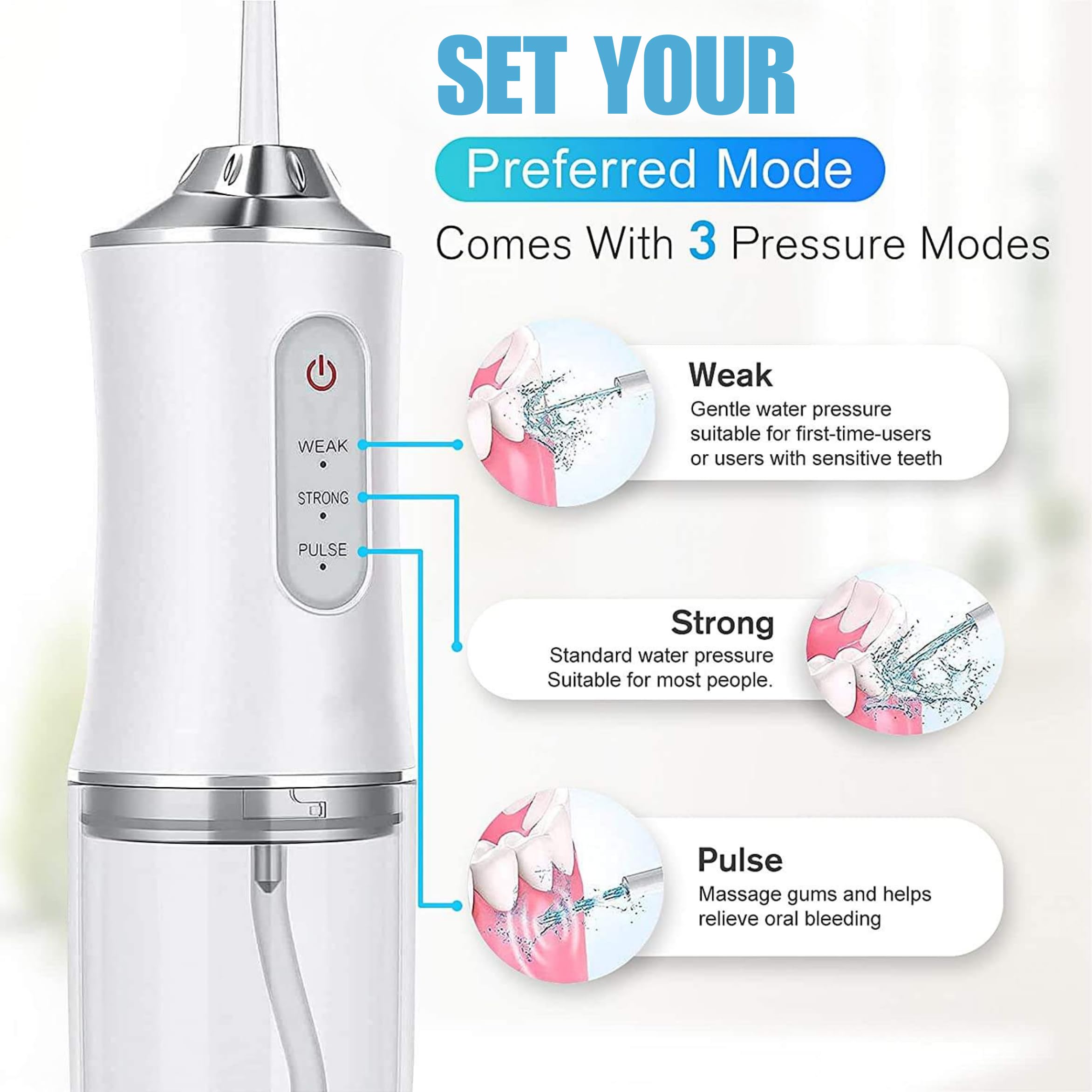 Cordless Water Flosser for Teeth – Rechargeable Dental Oral Irrigator with 3 Modes, Waterproof Design, USB Fast Charging, Travel-Friendly Mini Water Flosser for Braces (White)
