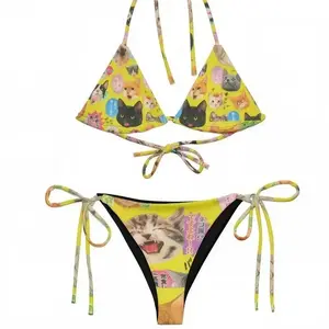 Y2K Cat Print Bikini, Kawaii Cyber Rave Recycled Fabric