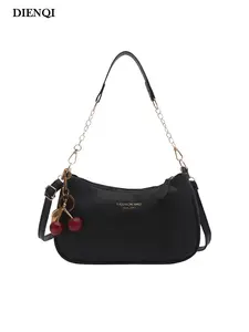 Cherry Pendant Fashion Retro PU Black Shoulder Crossbody Bag Soft Crescent Bag Classic Design Women Armpit Bag Girls Festival Gifts,  With Adjustable Strap, Zipper Closure