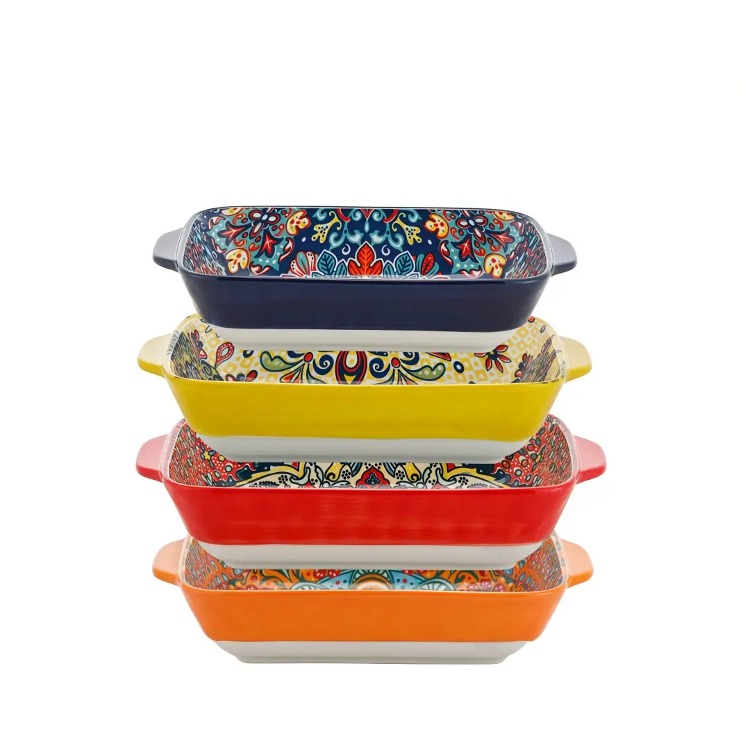 4pcs Rectangular Dinnerware Set with Dual Handles, Serving Plates for Sushi Dessert Salad, Microwave Oven Safe, Dishwasher Safe Tableware, Kitchen Dishes, Home Kitchen Use, Ceramic Plates