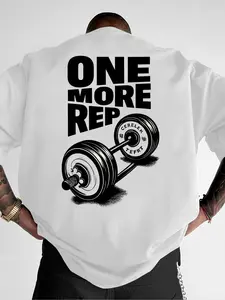 Men's Motivational Gym-Themed Casual T-Shirt with 'One More Rep' Slogan & Barbell Graphics, Comfort-Fit Top, Activewear Tee, Ideal for Gym Workouts, Post-Workout Hangouts & Fitness-Focused Casual Occasions