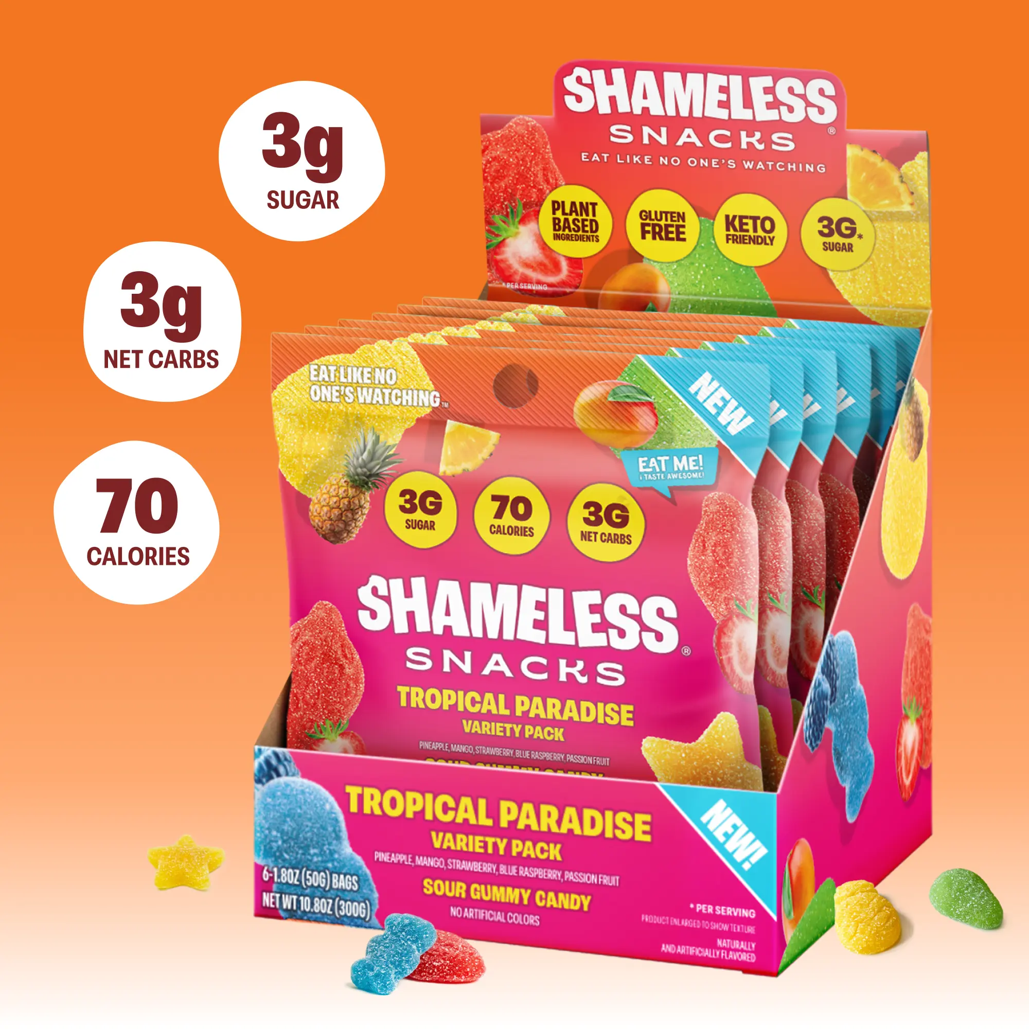 Shameless Snacks Tropical Paradise Fruity Gummies Variety Pack - Keto-Friendly, Vegan, Low Sugar, Erythritol-Sweetened, Natural, Real Fruit, Halal, Guilt Free Snacks, Healthier Choice, Good Source of Fiber, 29g, 3g Net Carbs per Bag, High Fiber
