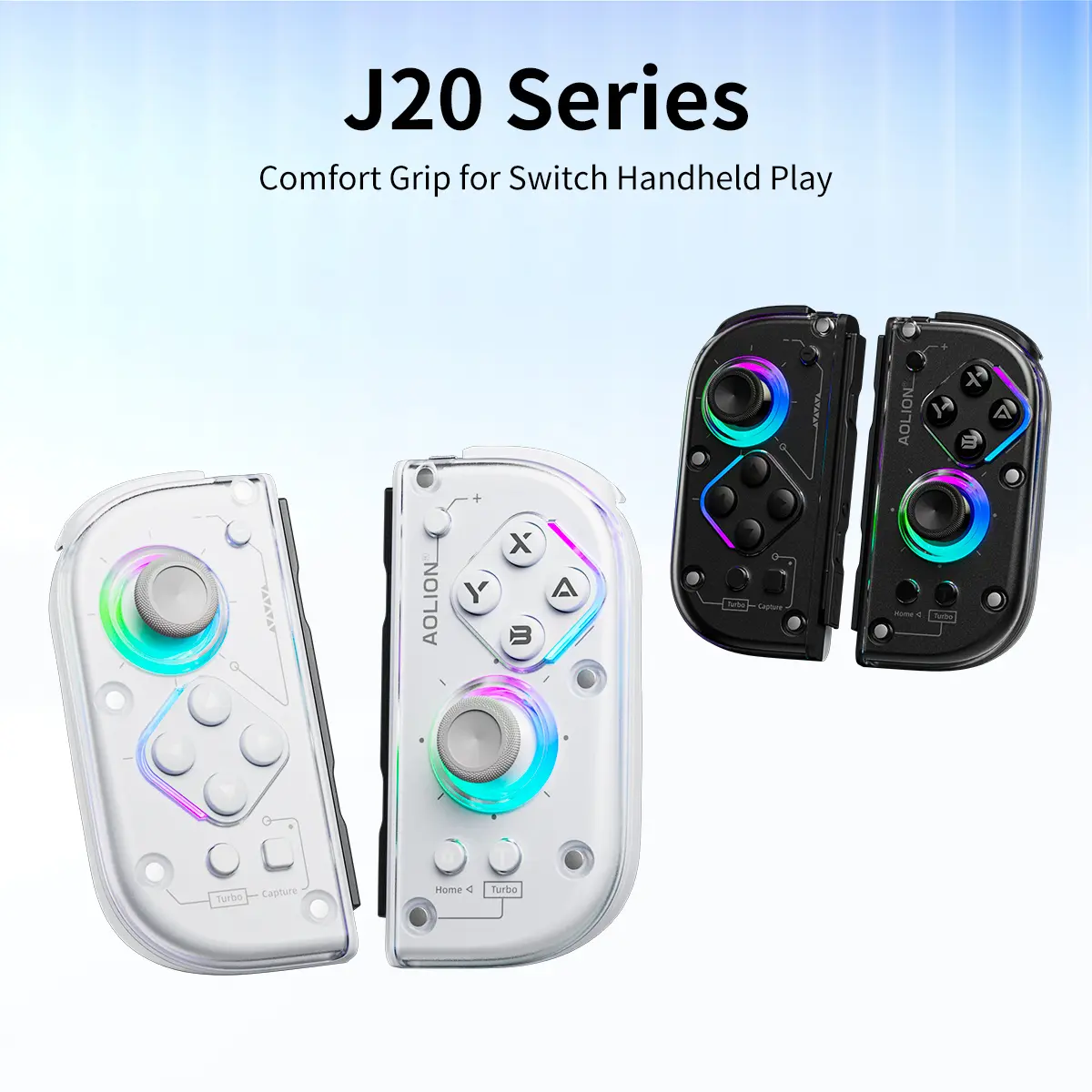 AOLION J20 Wireless Handheld Controller for Switch & Switch OLED - Detachable Game Controller, Hall Effect Joysticks, RGB Lighting, Clicky Mechanical Buttons, Motion Control, holiday gifting, giftable
