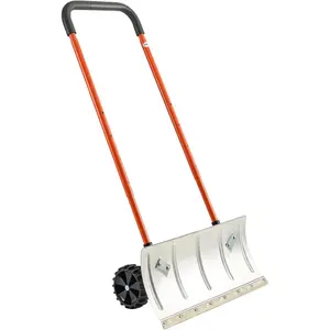 VEVOR 24 inch Snow Pusher Shovel with Wheels, Metal Heavy Duty Wheeled Push Snow Shovels for Driveway