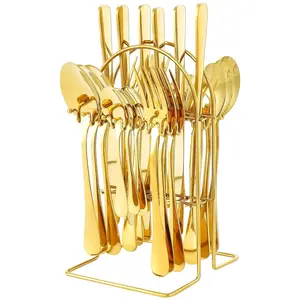 Cutlery Set, 24pcs Stainless Steel Flatware Set with Stand, Including Knife, Fork, Spoon, Hanging Stainless Steel Utensils Set, Gold Cutlery Set
