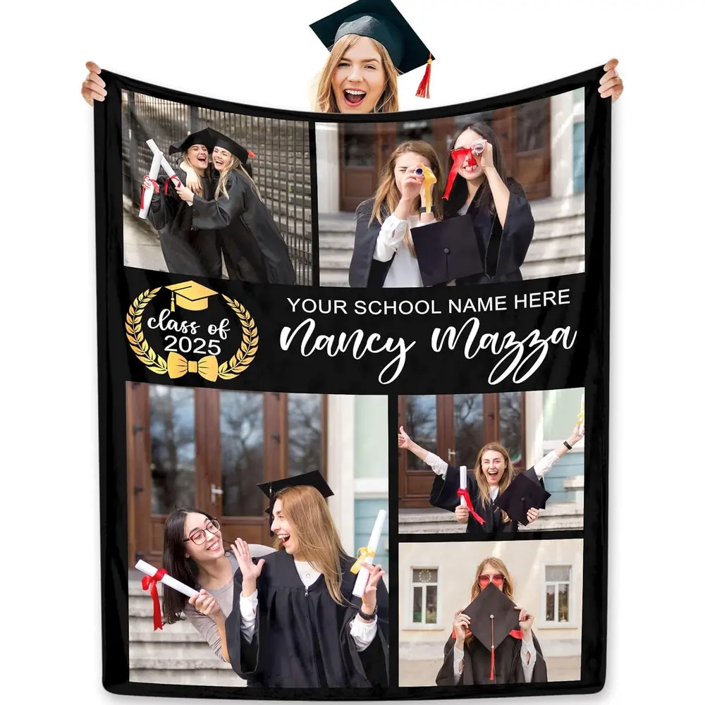 Custom Graduate Blanket with Photo, Personalized Picture Name Graduation Bed Throws Blanket for Her Him Classmates Men Women, Customized Class of 2025 Blankets Add with Name, School, Text