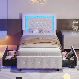 Upholstered LED Diamond-Quilted Headrest Bed Frame; Modern Platform Headboard & Footboard Option; Single, Double, Queen, King-Size Storage Drawer Designs, Queen Bed Frame, Led Lighting, Bed Frame King Size