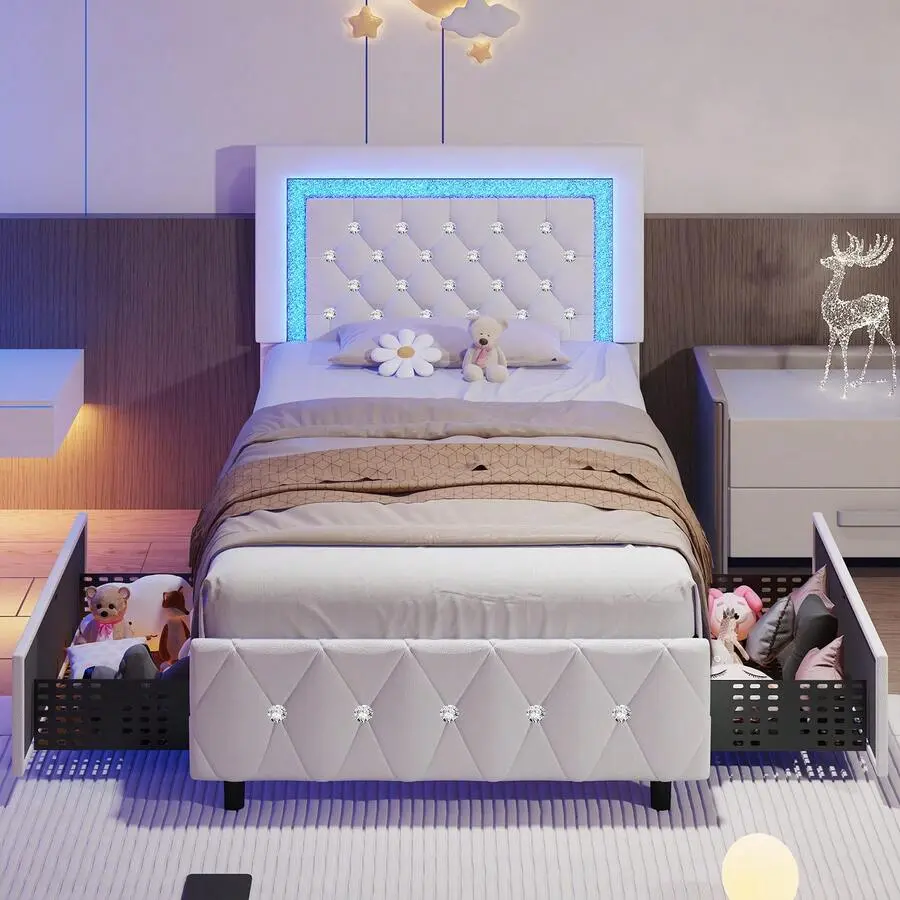 Upholstered LED Diamond-Quilted Headrest Bed Frame; Modern Platform Headboard & Footboard Option; Single, Double, Queen, King-Size Storage Drawer Designs, Queen Bed Frame, Led Lighting, Bed Frame King Size